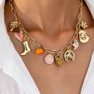 Multicolor Cowboy Boot Hat Horseshoe Dog Charm Necklace